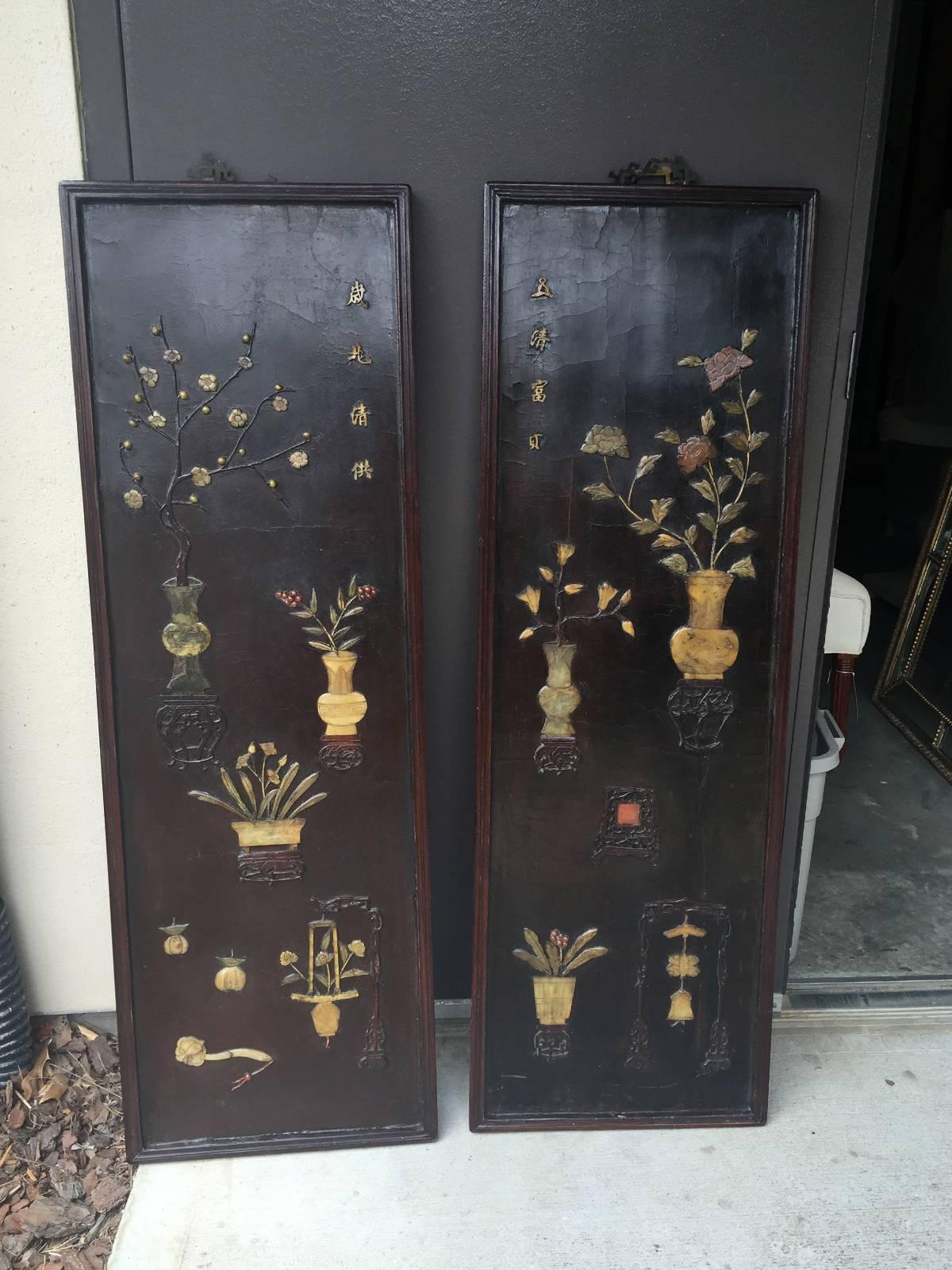 Pair of Chinese 19th century carved inlaid lacquered wooden panels.