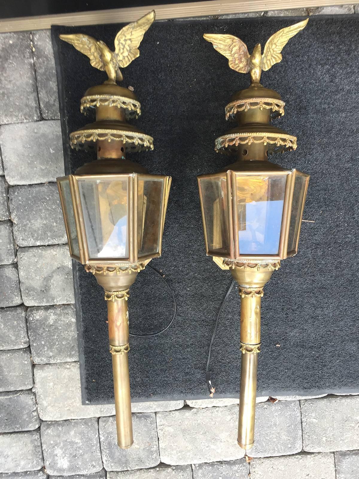 Pair of 20th Century English Carriage Lamps as Wall Lanterns.