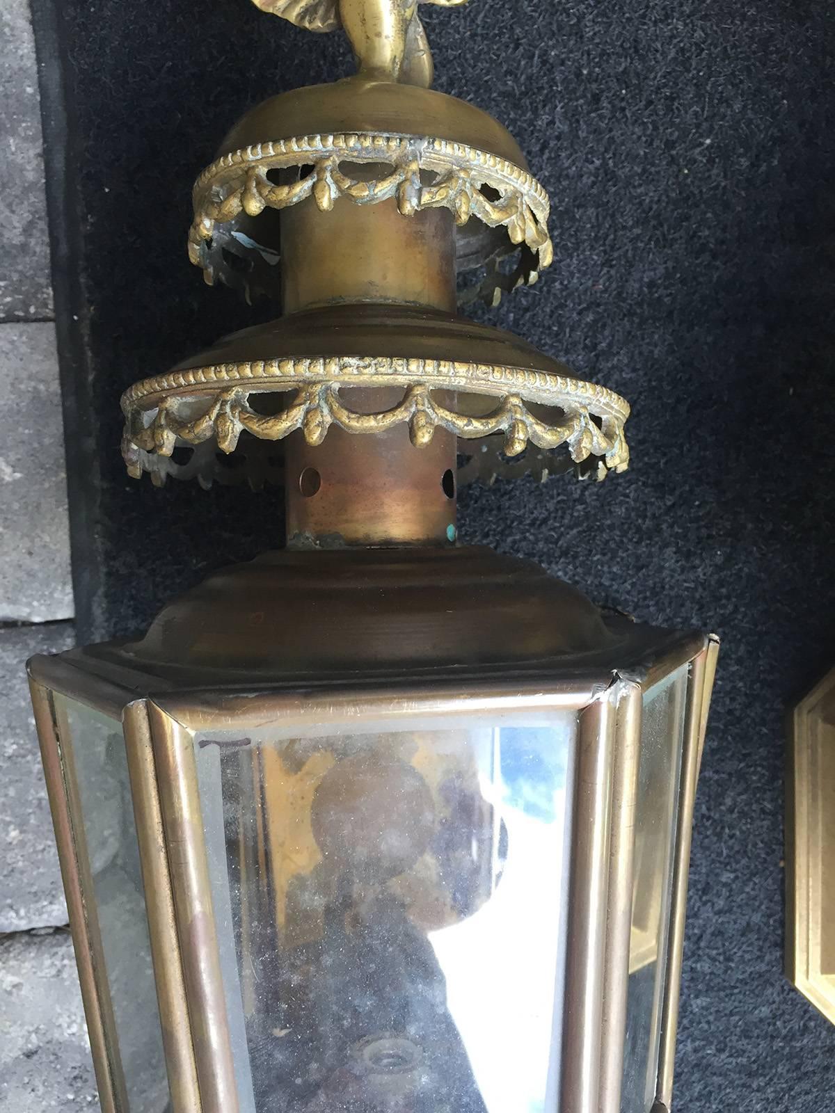 Brass Pair of 20th Century English Carriage Lamps as Wall Lanterns