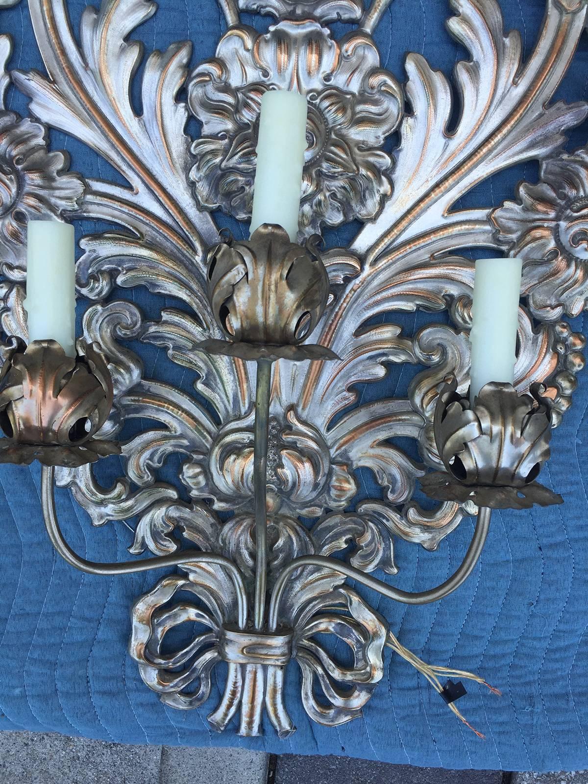 Very large 19th-20th century Italian silvered appliqué sconce.
