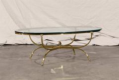 Mid-Century Oval Brass Coffee Table with Glass Top Attributed to Maison Jansen