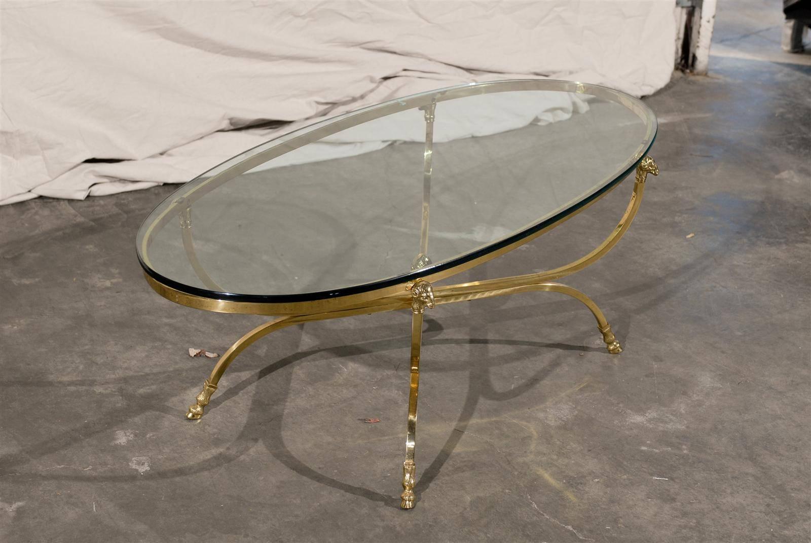 Mid-Century Oval Brass Coffee Table with Glass Top Attributed to Maison Jansen In Good Condition In Atlanta, GA