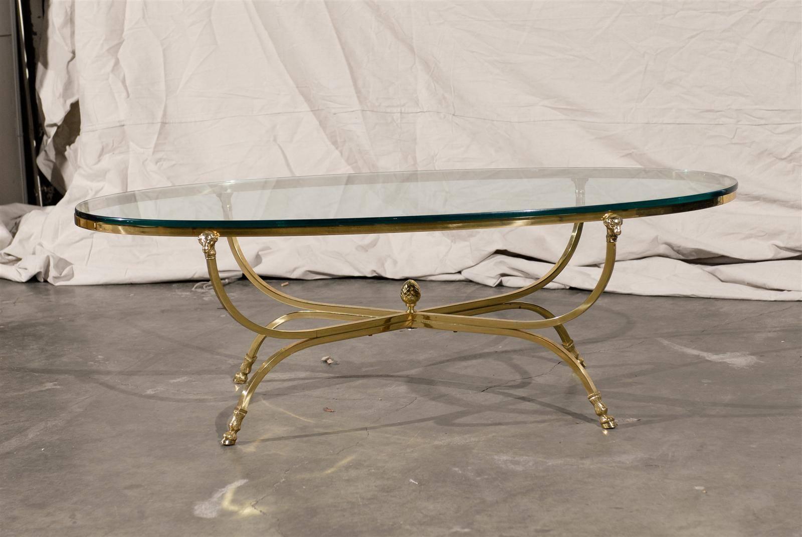 20th Century Mid-Century Oval Brass Coffee Table with Glass Top Attributed to Maison Jansen