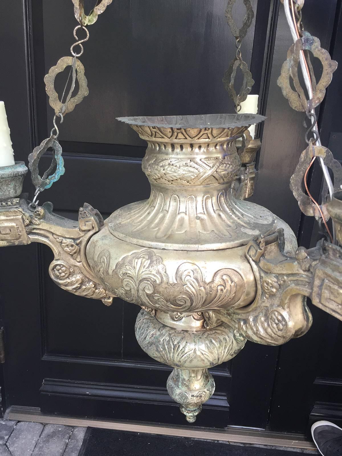 20th Century Spanish Colonial Style Continental Silvered Metal Chandelier In Excellent Condition In Atlanta, GA