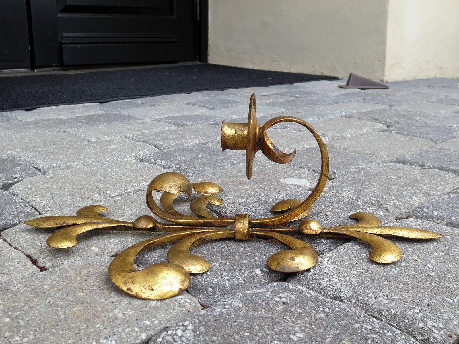 Pair of Mid-Century Italian Gilt Metal One Arm Sconces In Excellent Condition In Atlanta, GA