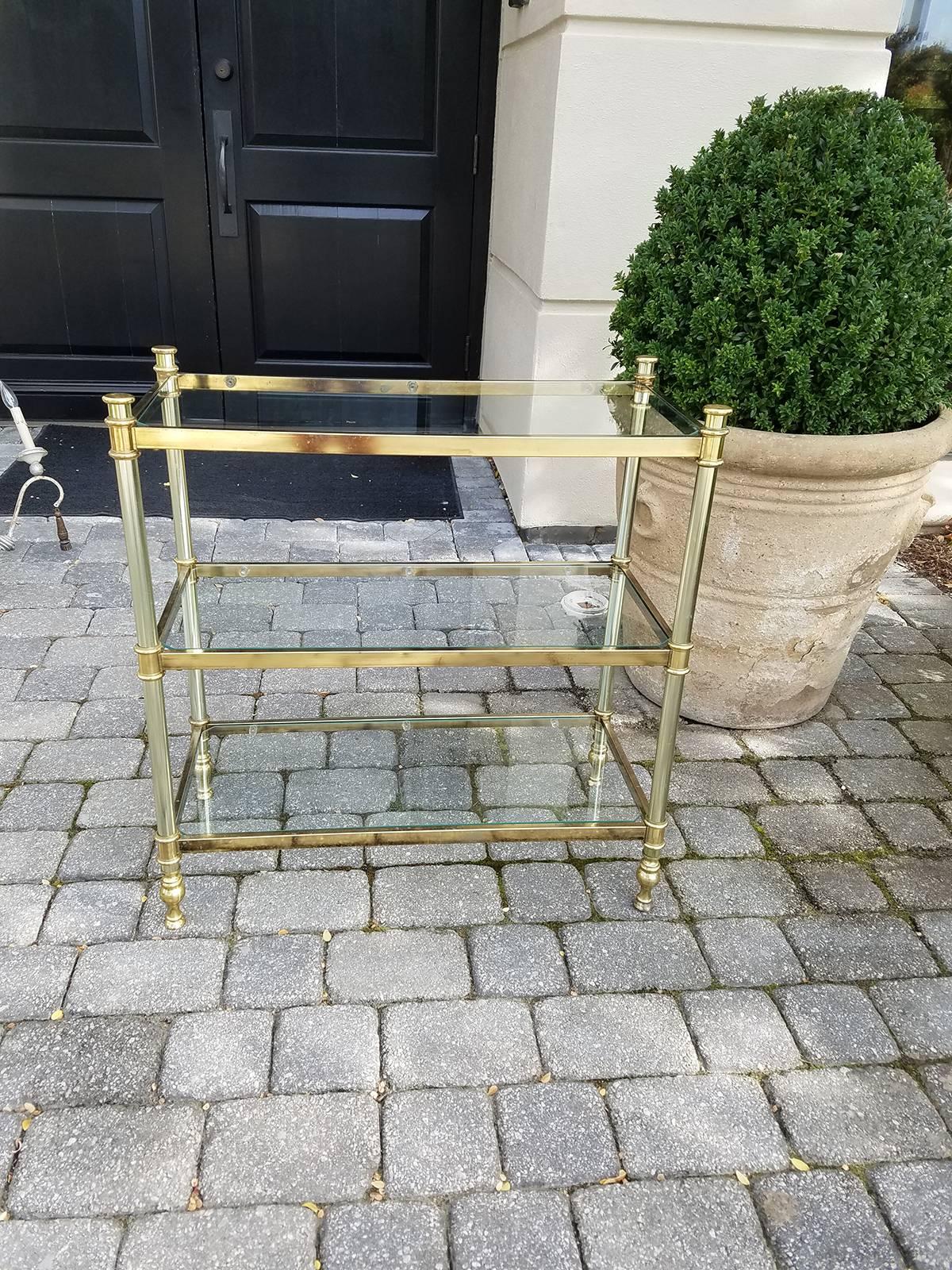 20th century brass or glass Etagere, three shelves.