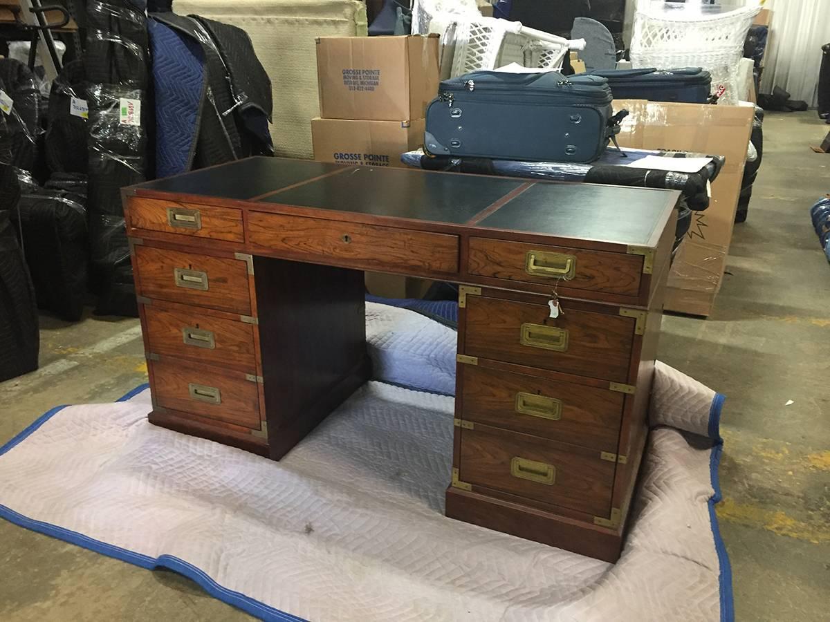 20th century faux rosewood Campaign style partners desk, floor to apron is 24.75