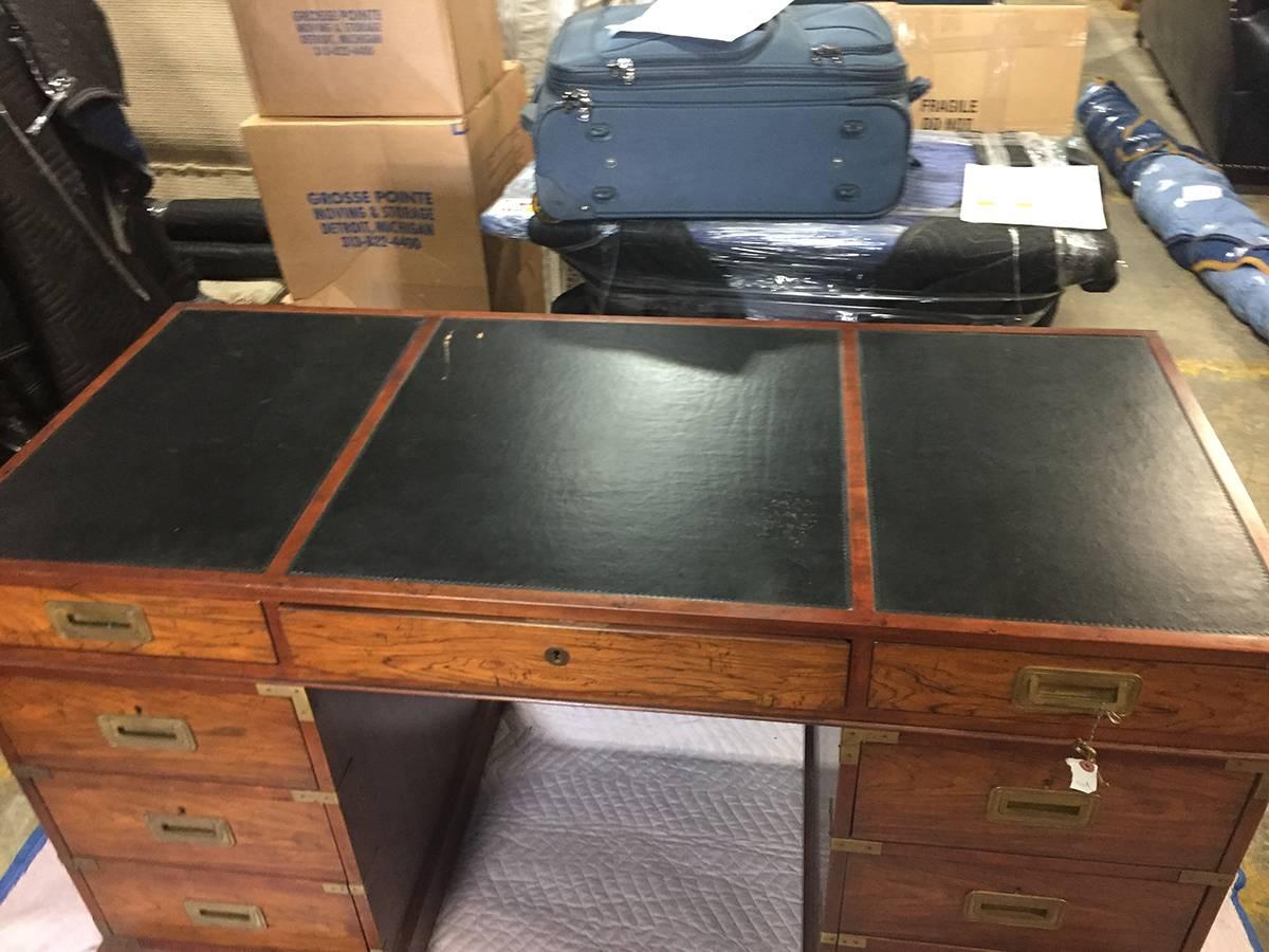 20th Century Faux Rosewood Campaign Style Partners Desk In Good Condition In Atlanta, GA