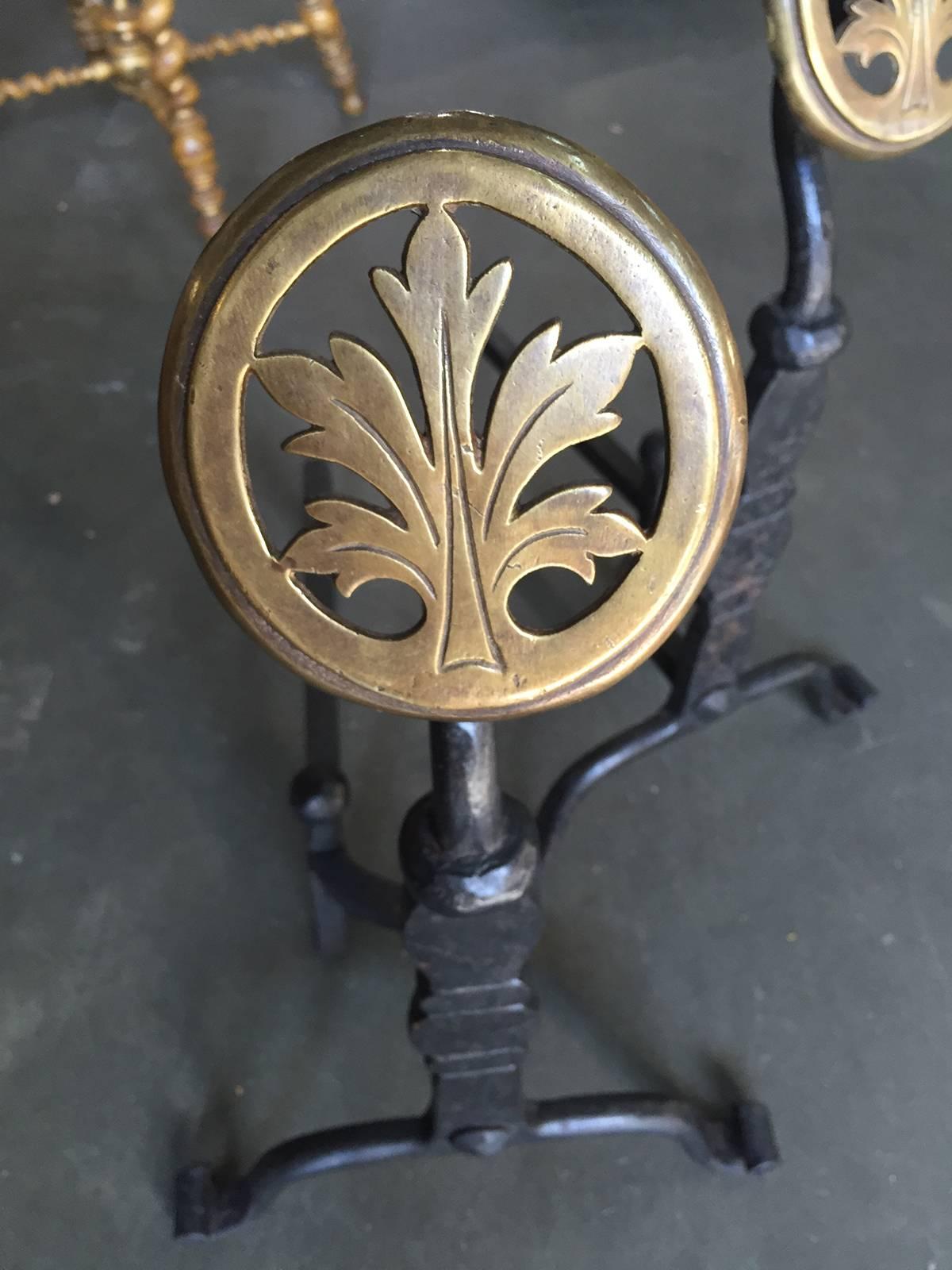 Circa 1890-1920 American Brass and Iron Andirons In Excellent Condition In Atlanta, GA