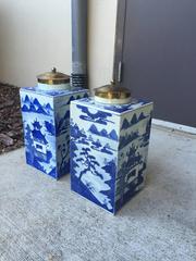 19th Century Pair of Chinese Blue and White Tea Canisters
