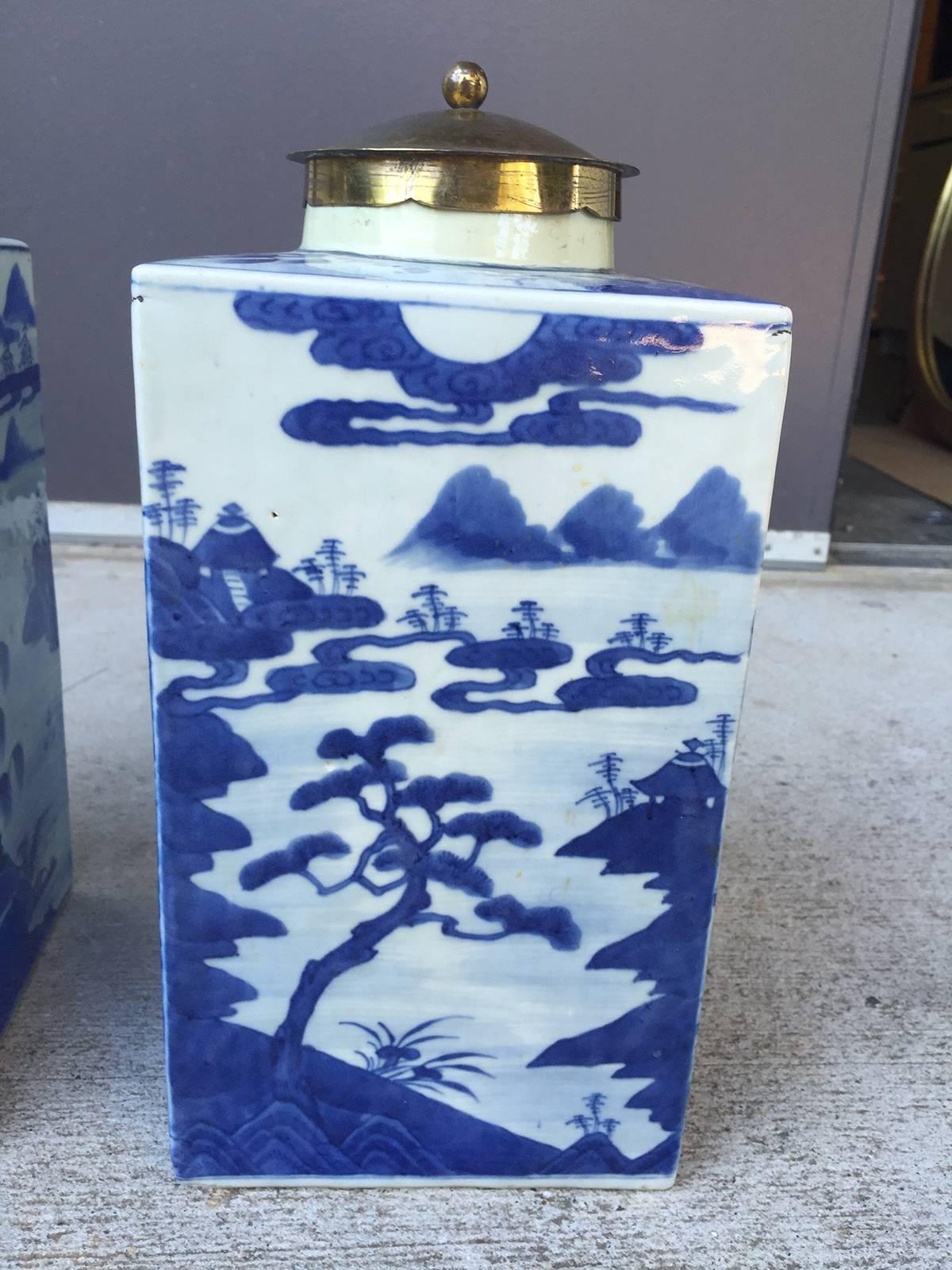 Porcelain 19th Century Pair of Chinese Blue and White Tea Canisters