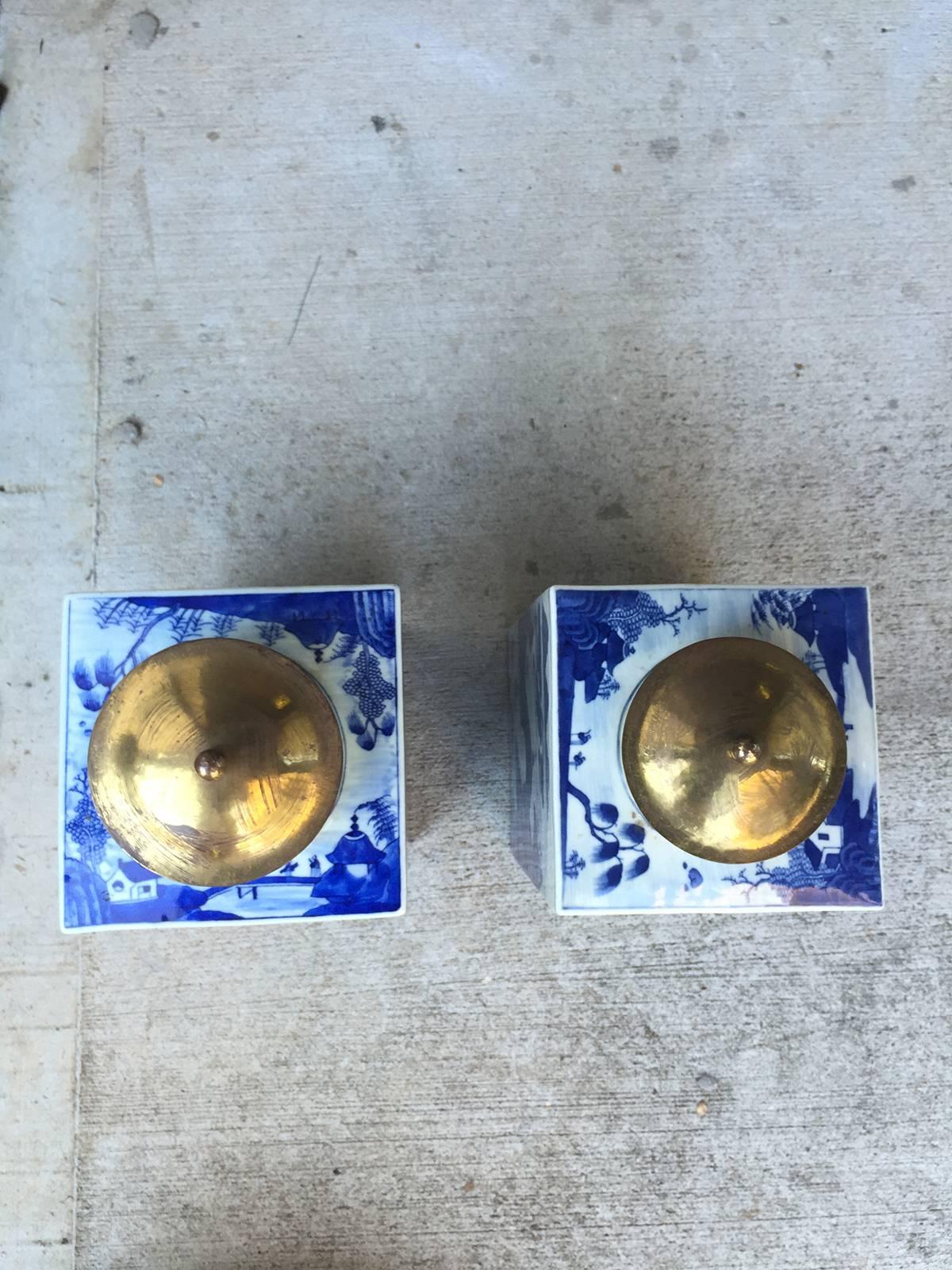 19th Century Pair of Chinese Blue and White Tea Canisters 2