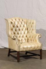 20th Century Tufted Georgian Style Wing Chair, White Leather