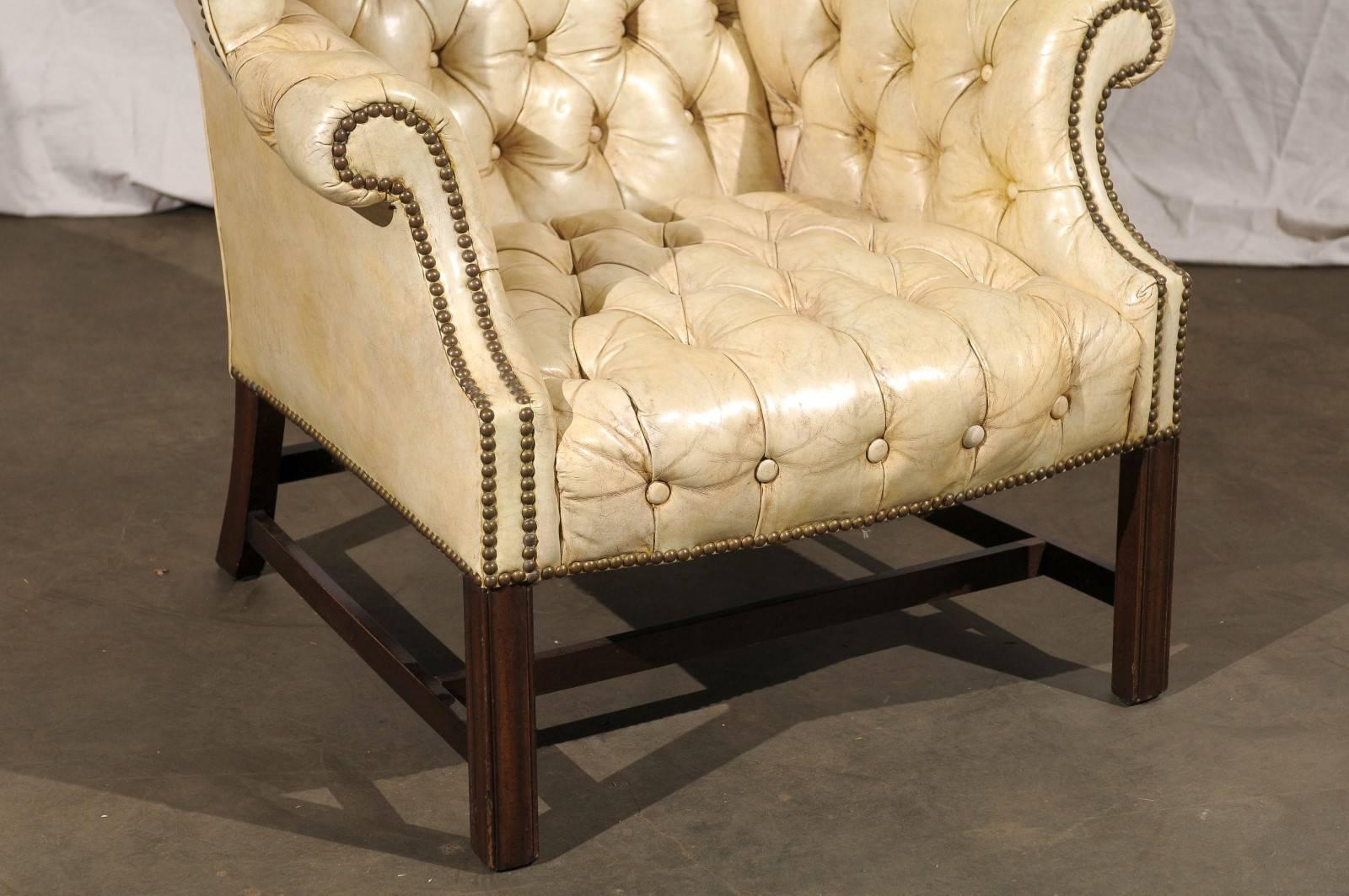 20th Century Tufted Georgian Style Wing Chair, White Leather In Excellent Condition In Atlanta, GA