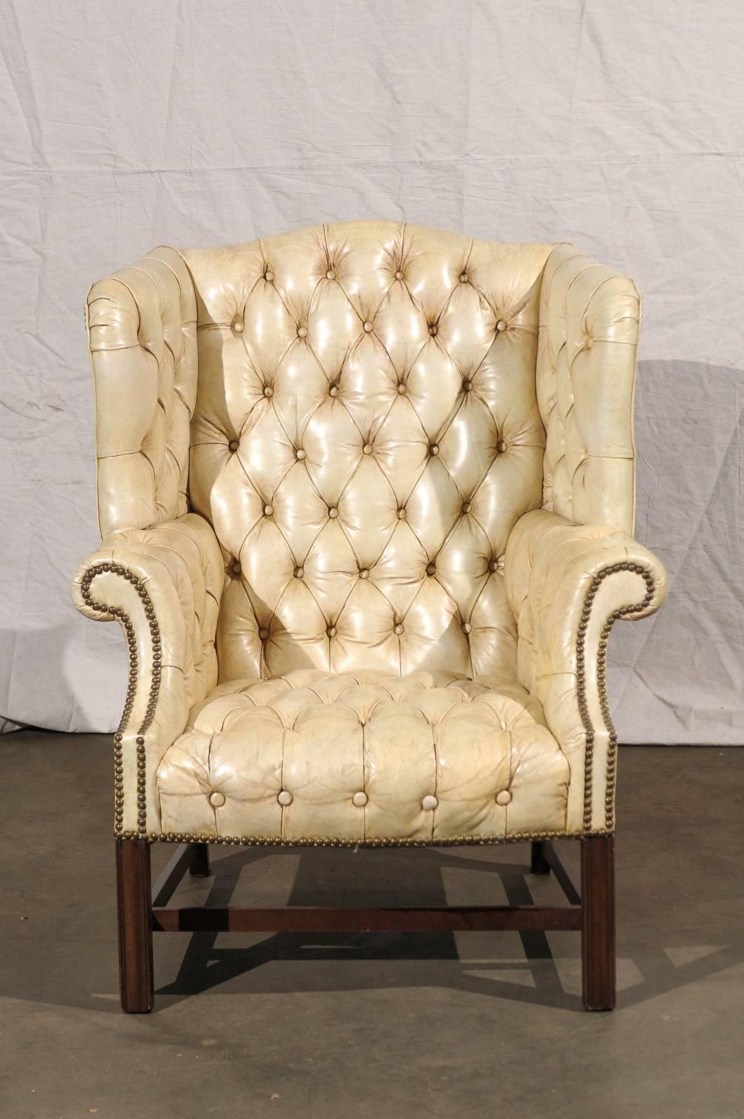 20th Century Tufted Georgian Style Wing Chair, White Leather 1