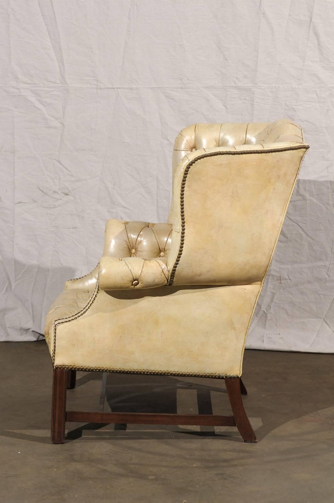 20th Century Tufted Georgian Style Wing Chair, White Leather 2