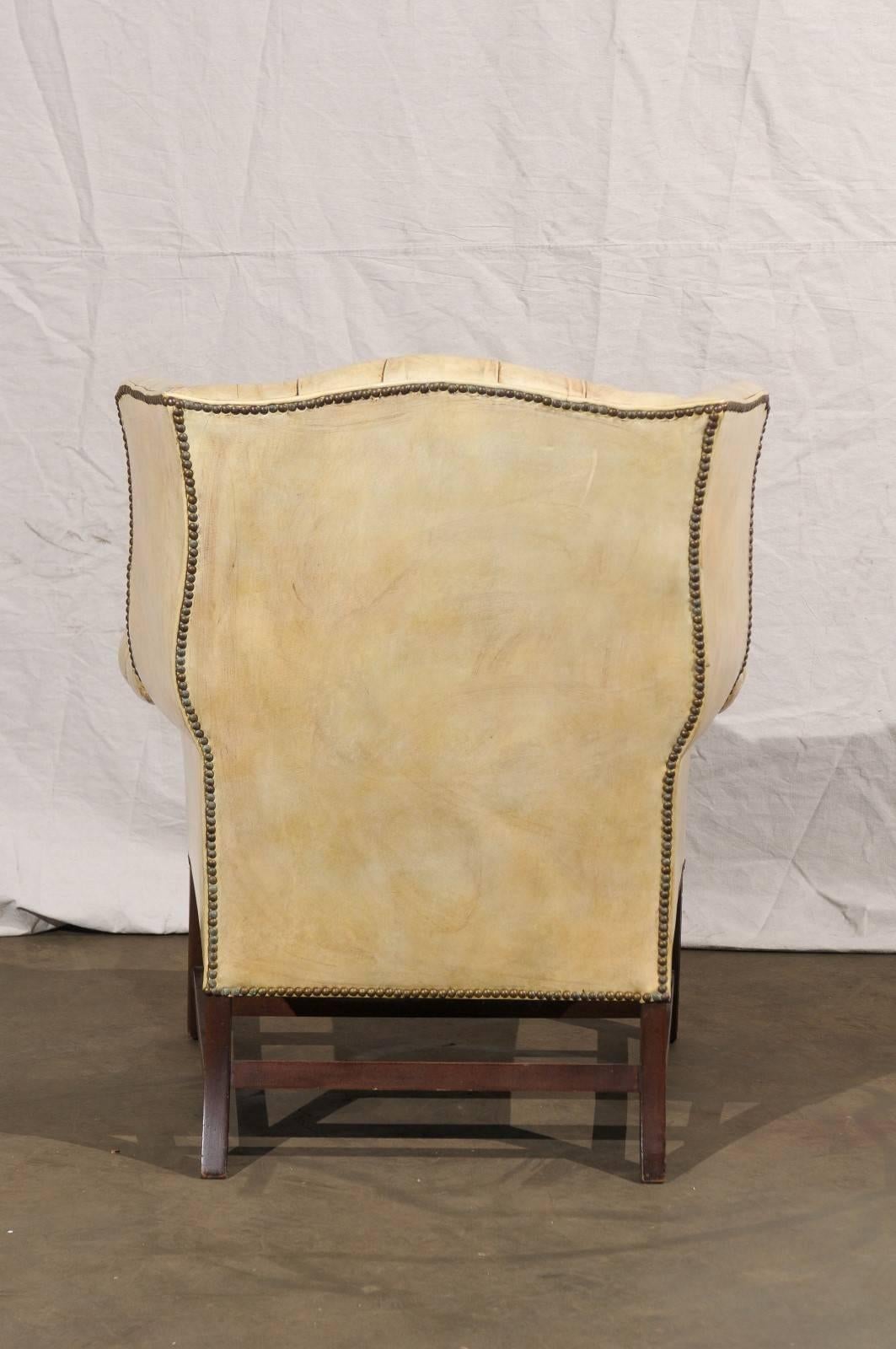 20th Century Tufted Georgian Style Wing Chair, White Leather 3