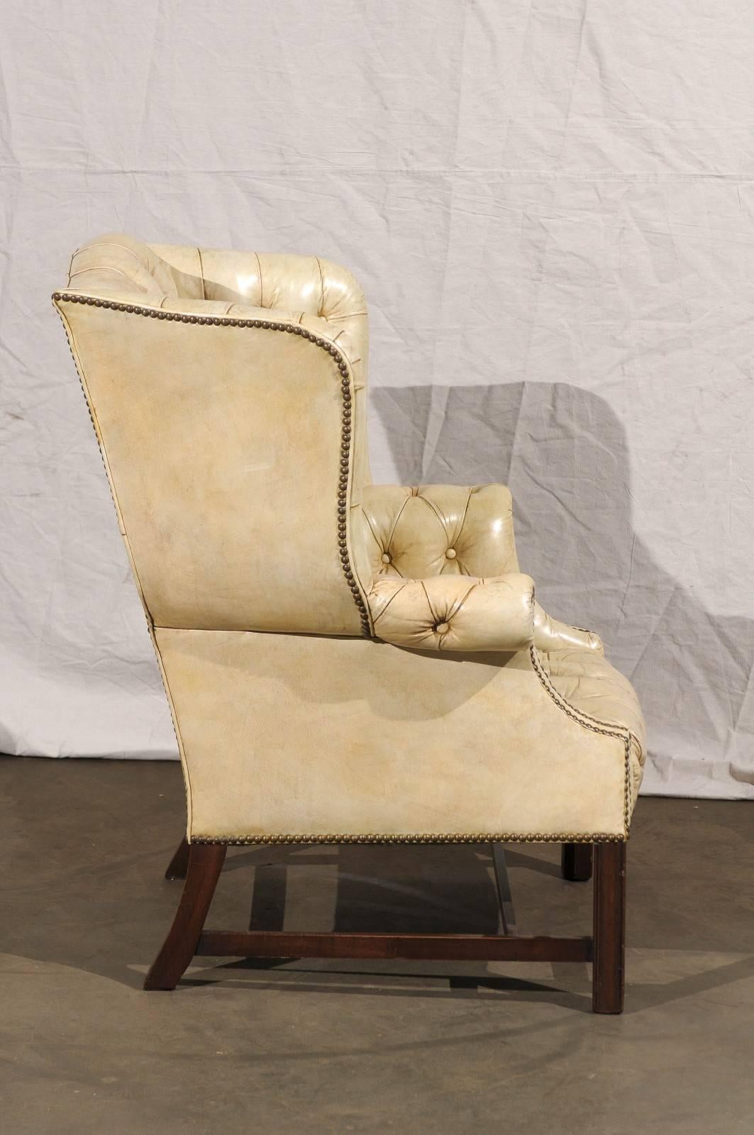 20th Century Tufted Georgian Style Wing Chair, White Leather 4