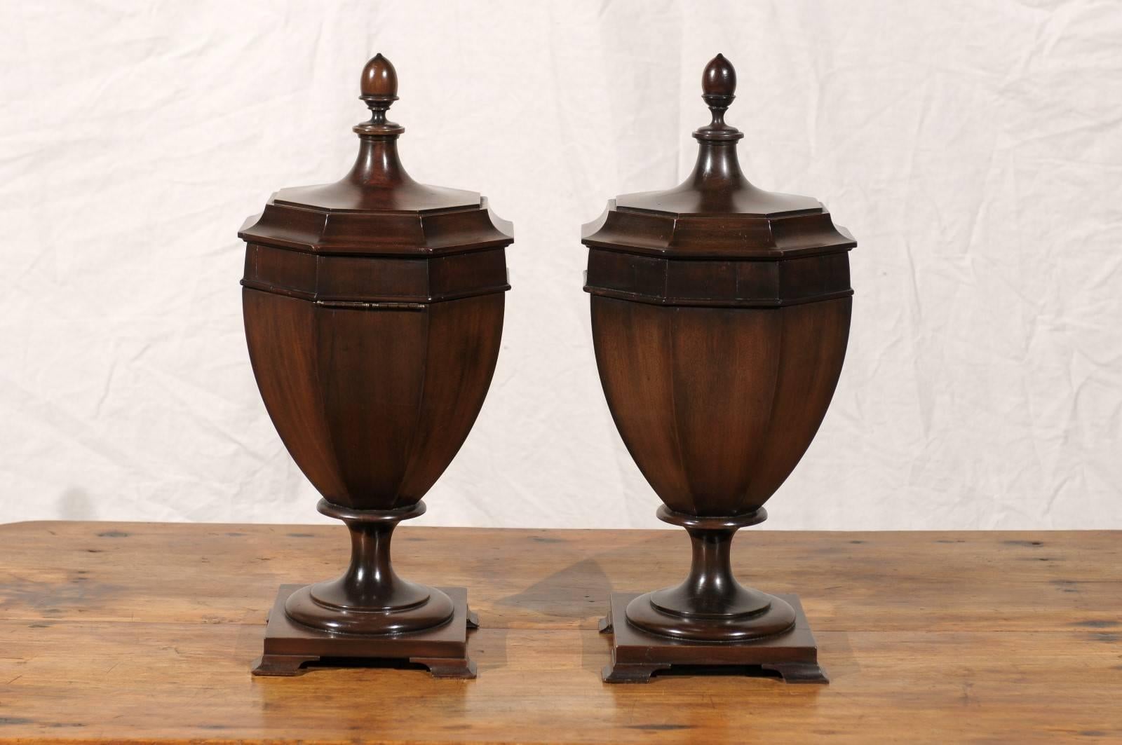 19th-20th Century Georgian Style Mahogany Knife Urns with Octagonal Lids 1