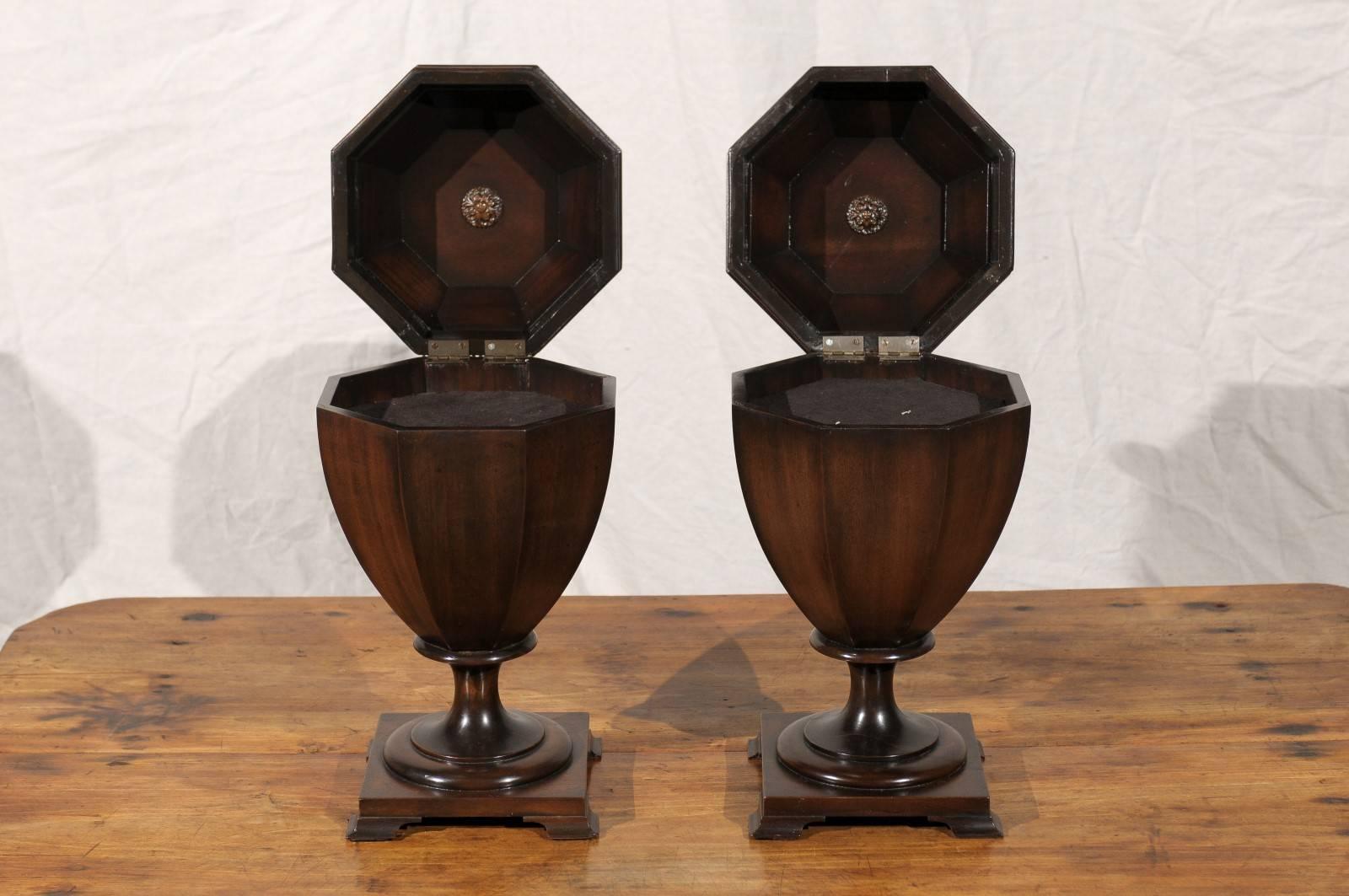 19th-20th Century Georgian Style Mahogany Knife Urns with Octagonal Lids 3