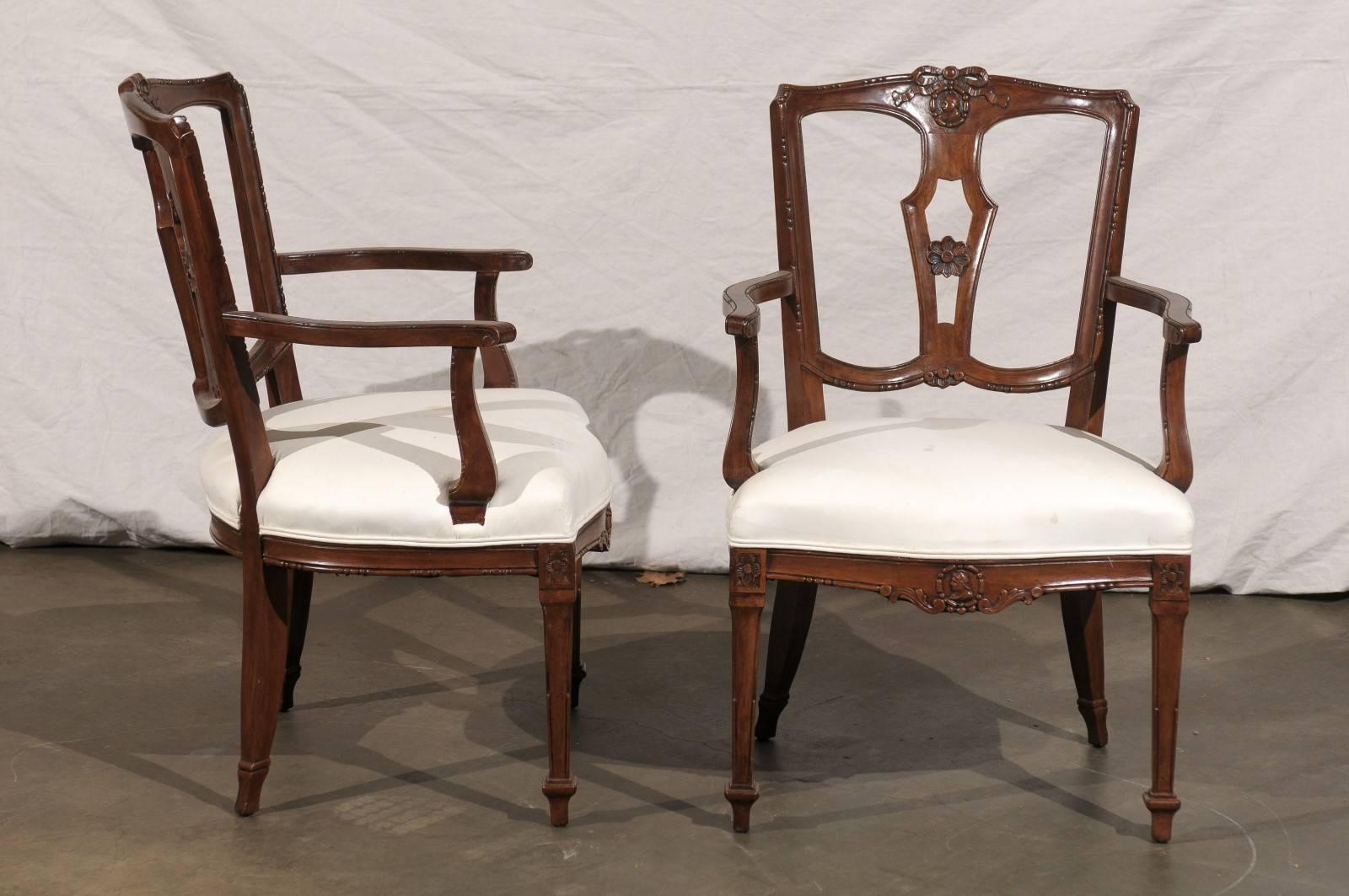 Hand-Carved Pair of 19th/20th Century Italian Neoclassical Walnut Arm Chairs