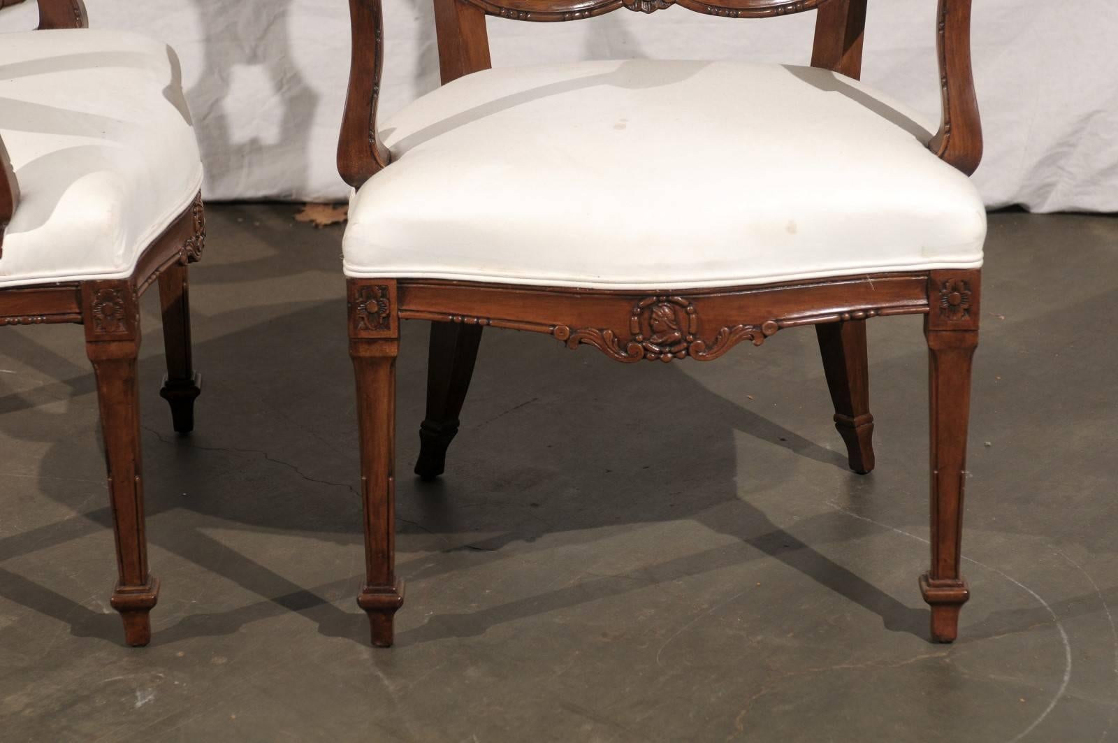 Pair of 19th/20th Century Italian Neoclassical Walnut Arm Chairs In Good Condition In Atlanta, GA