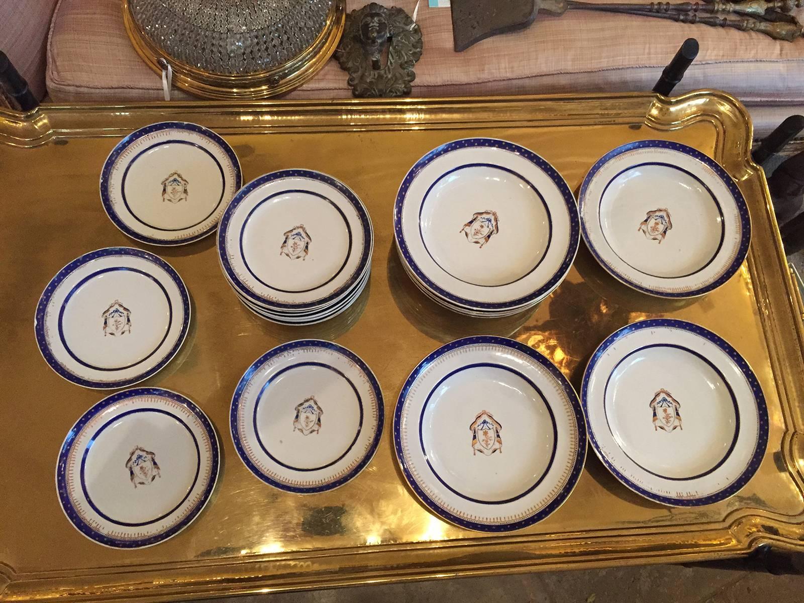 Federal period set of Chinese export armorial dishes, circa 1796-1820, made for American trade (16 salad, 10 soup) (7.75 diam, 9.75 diam.).