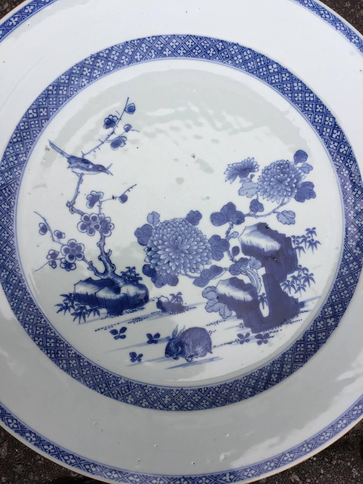 18th Century and Earlier 18th Century Chinese Blue and White Plate with Rabbit For Sale