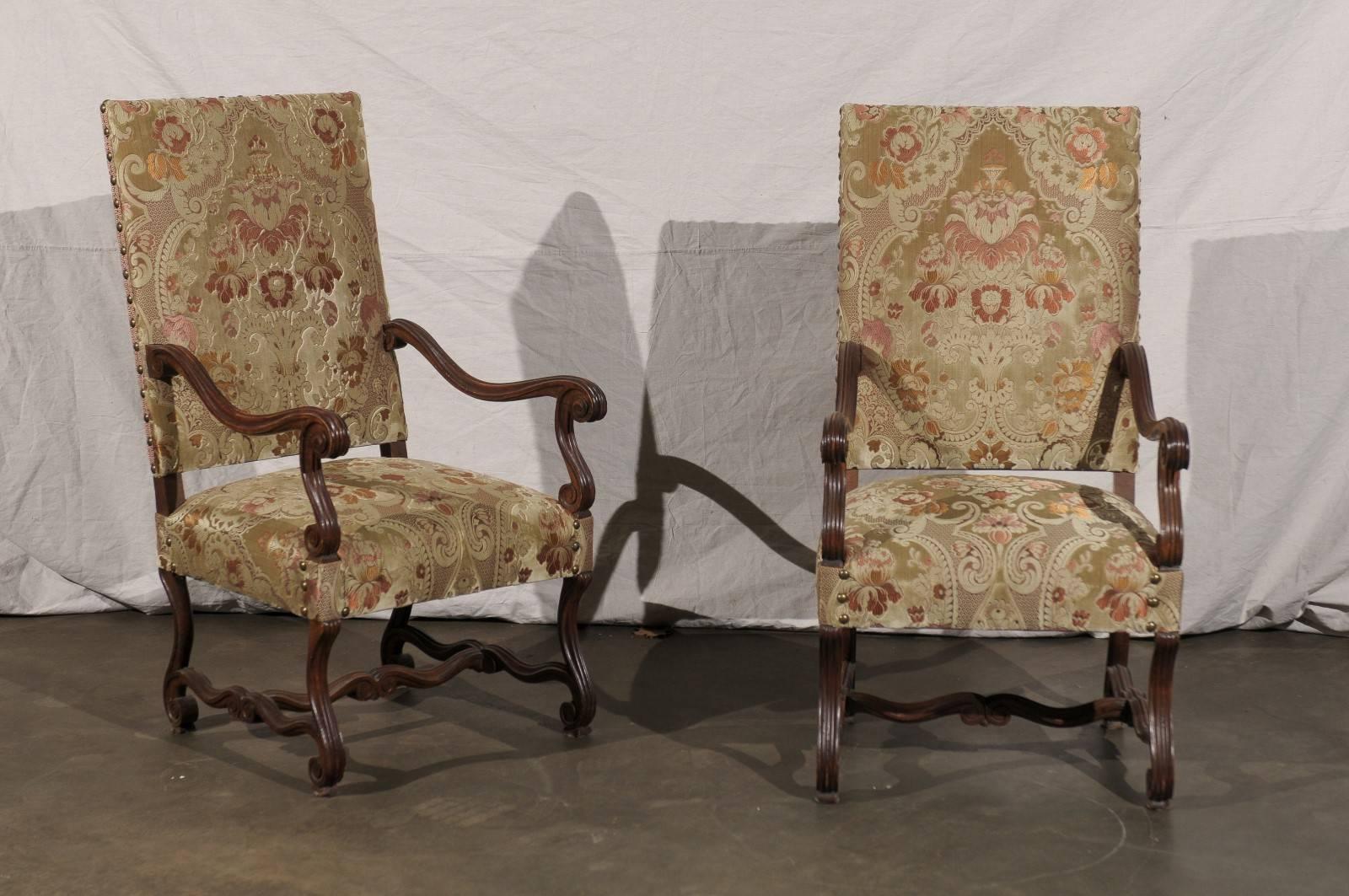 Pair of 19th century French walnut high back chairs, SH: 19