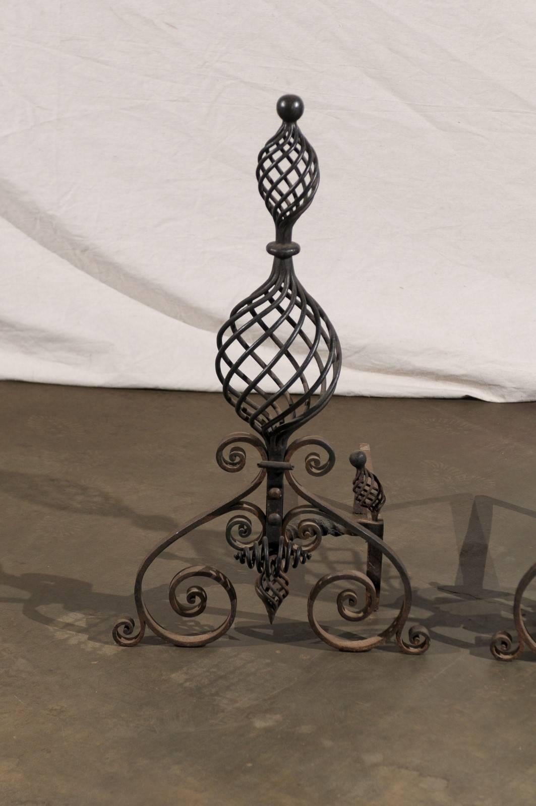 Early 20th Century Swirled Hand-Wrought Iron Andirons In Excellent Condition For Sale In Atlanta, GA