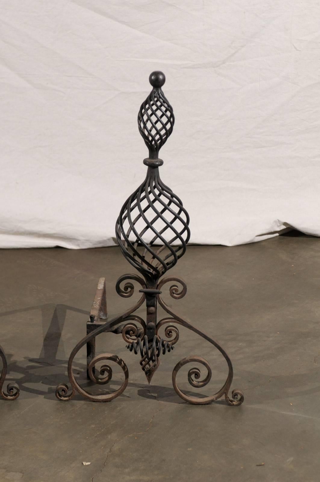 Early 20th Century Swirled Hand-Wrought Iron Andirons For Sale 1