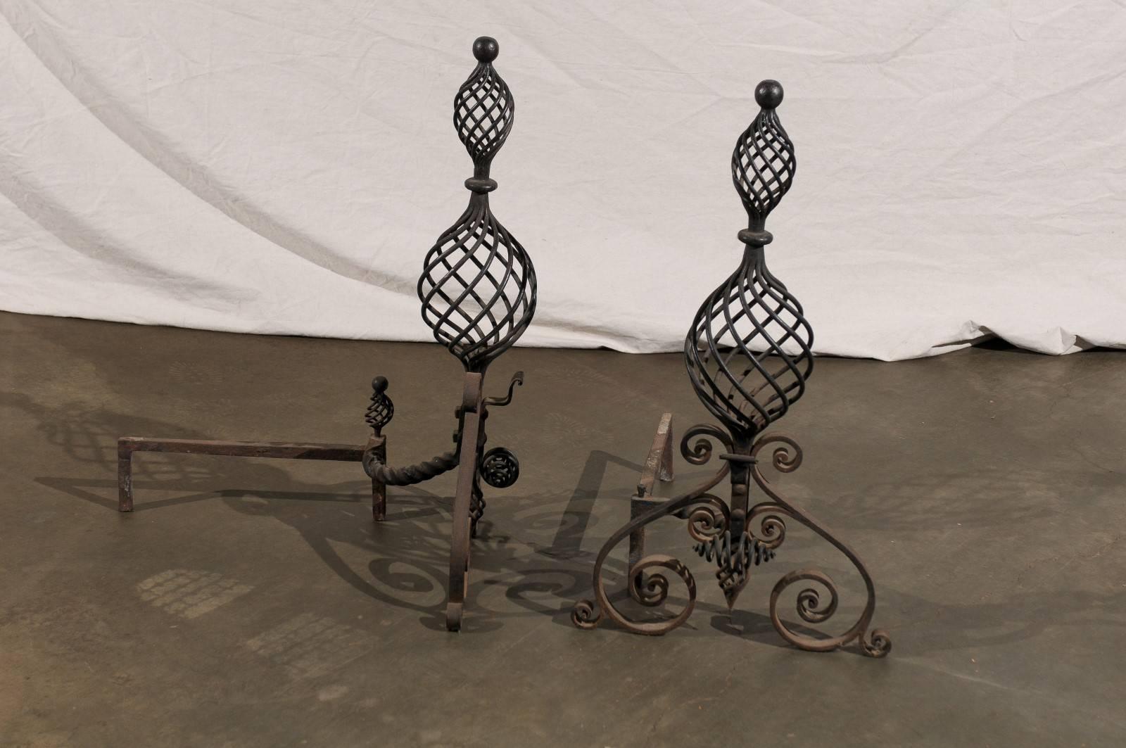 Early 20th Century Swirled Hand-Wrought Iron Andirons For Sale 2