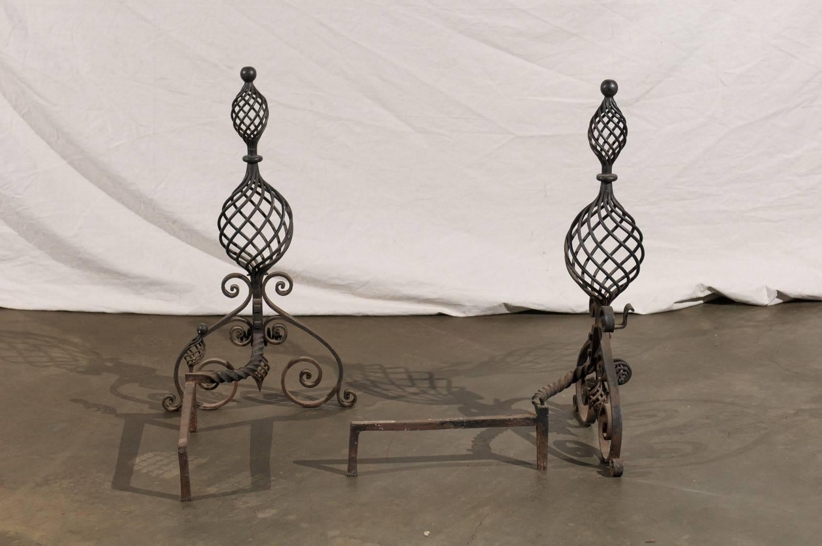 Early 20th Century Swirled Hand-Wrought Iron Andirons For Sale 3