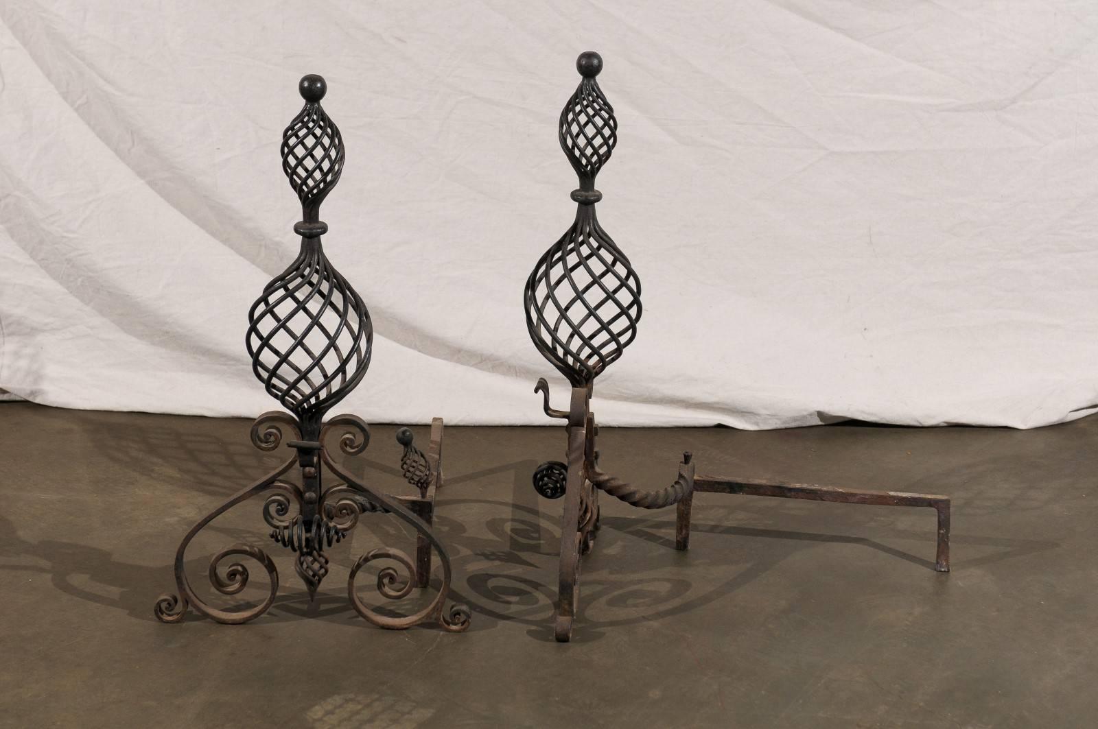 Early 20th Century Swirled Hand-Wrought Iron Andirons For Sale 4