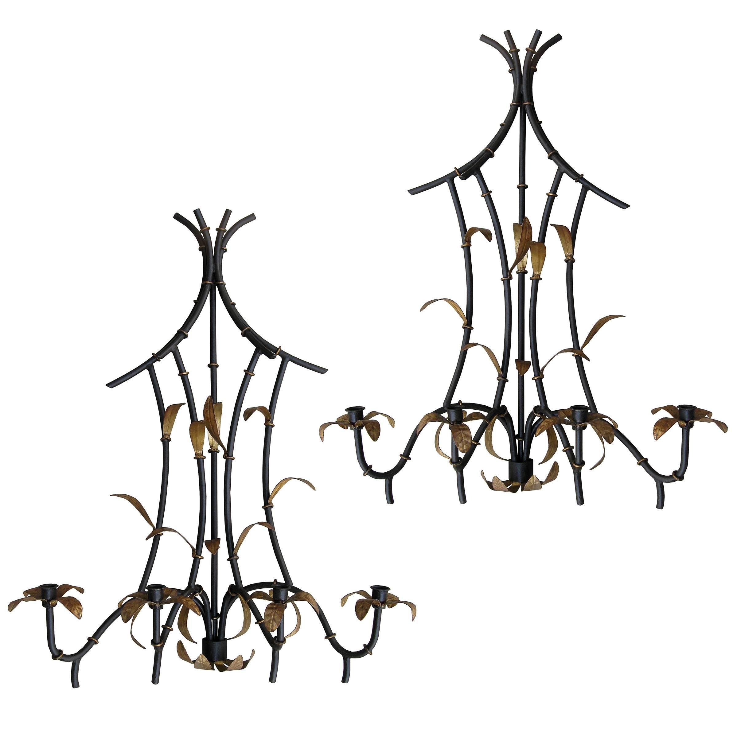 Large pair of Mid-Century bamboo and gilt leaf sconces, four-arm.