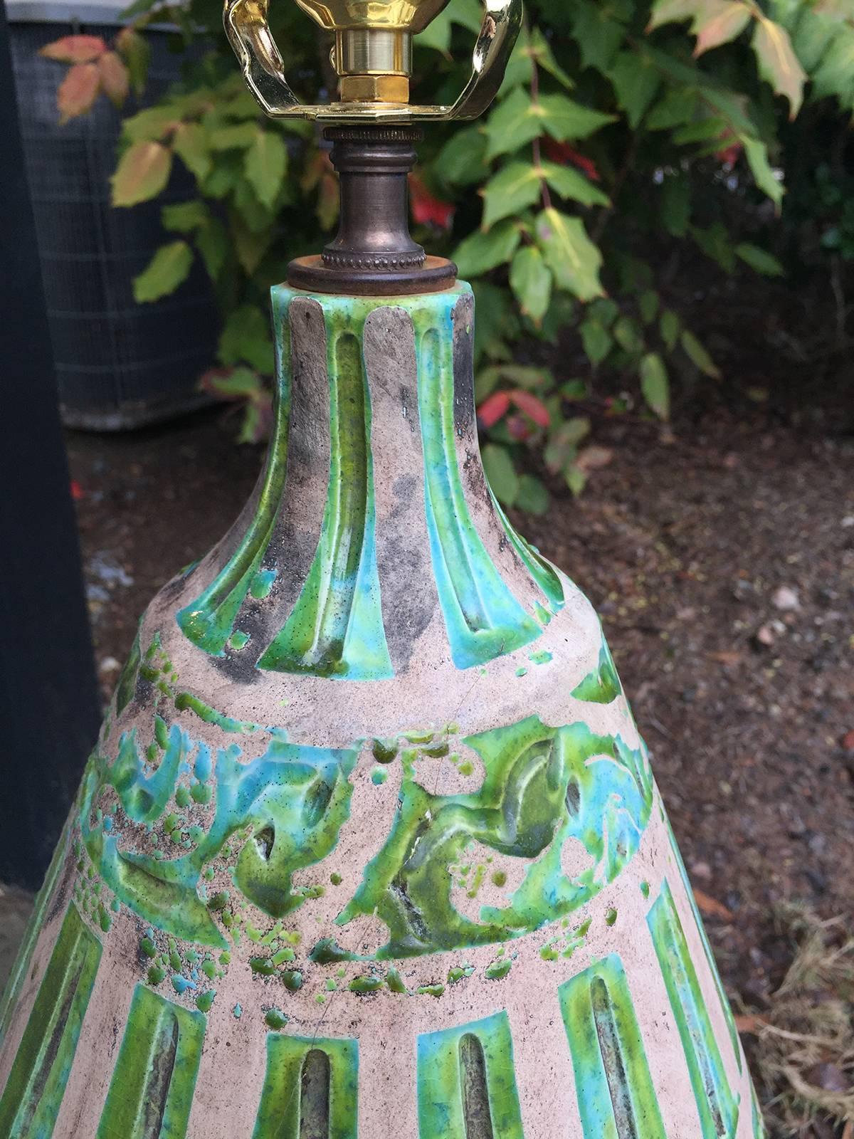 Mid-Century Italian Blue and Green Pottery Lamp, Terra Cotta In Excellent Condition In Atlanta, GA