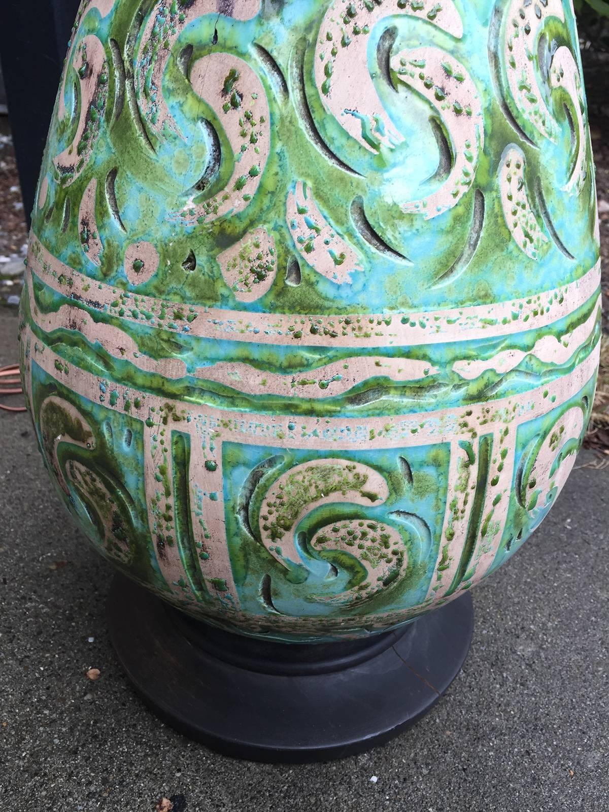 20th Century Mid-Century Italian Blue and Green Pottery Lamp, Terra Cotta