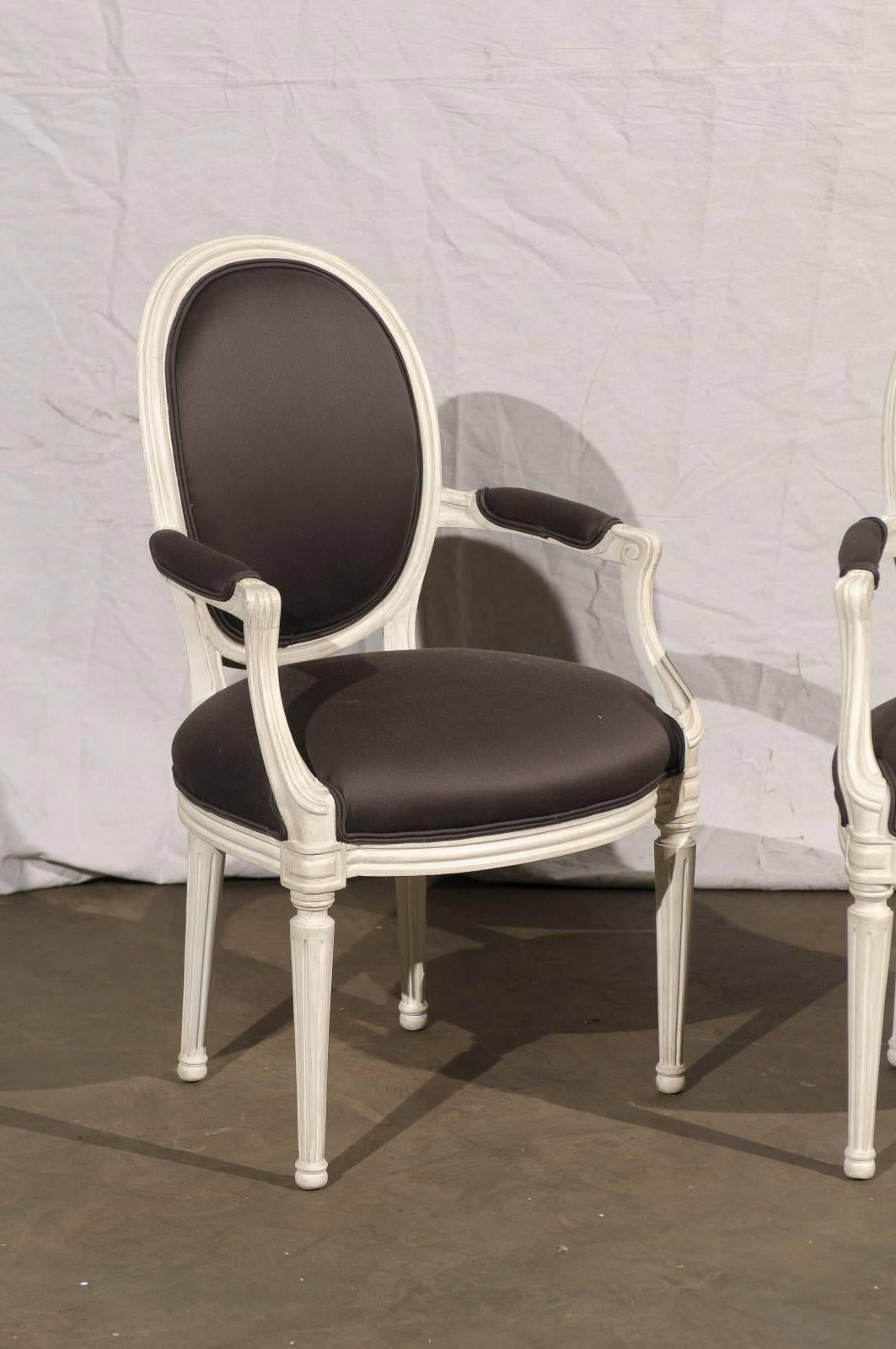 French Pair of 20th Century Painted Louis XVI Style Armchairs