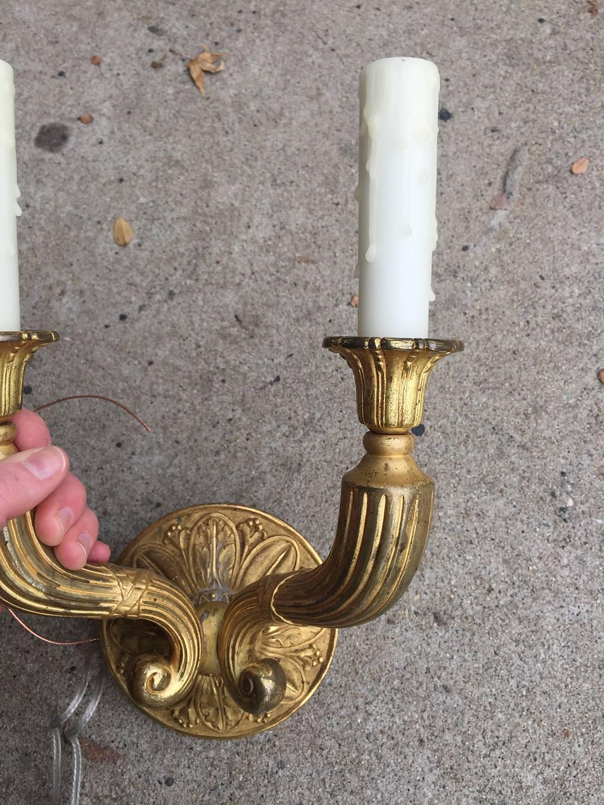 Pair of 19th-20th Century French Fire Gilded Bronze Empire Style Two-Arm Sconces 1