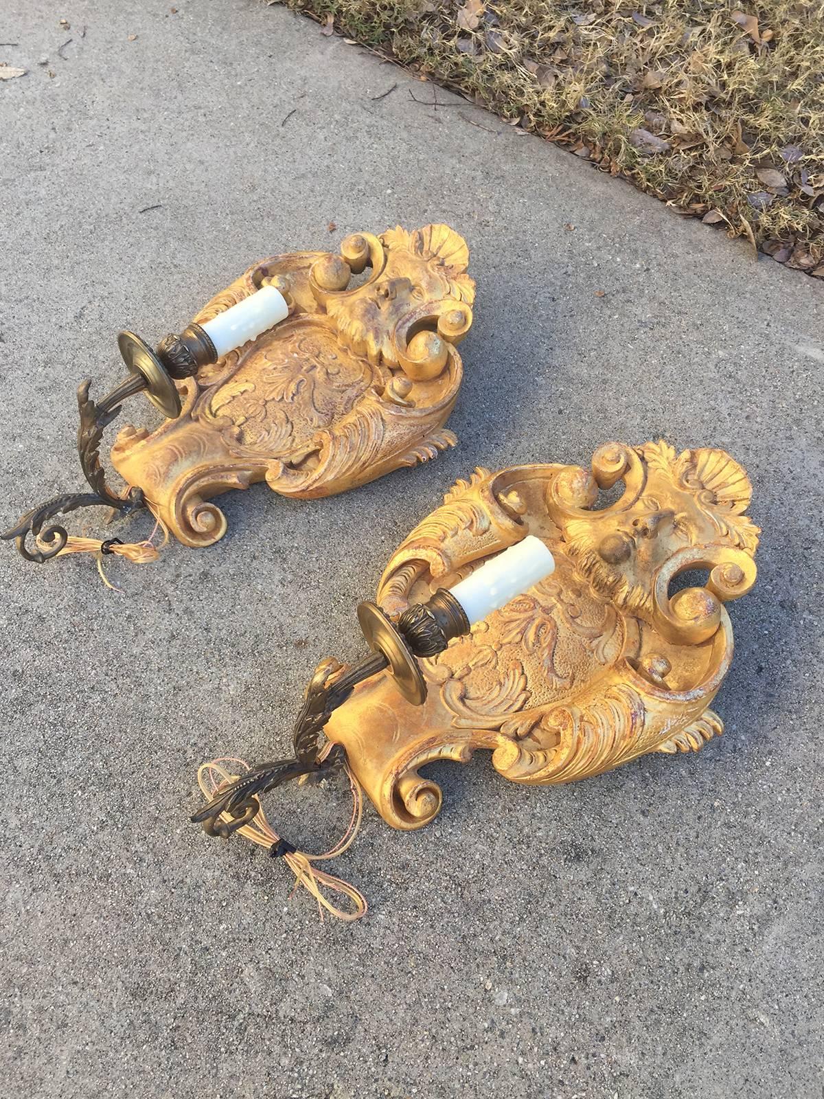 20th century giltwood brass single arm sconces.