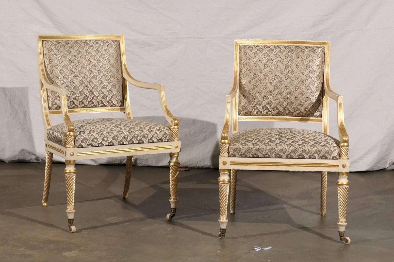 Pair of 19th Century Regency Style Painted & Giltwood Arm Chairs In Good Condition In Atlanta, GA