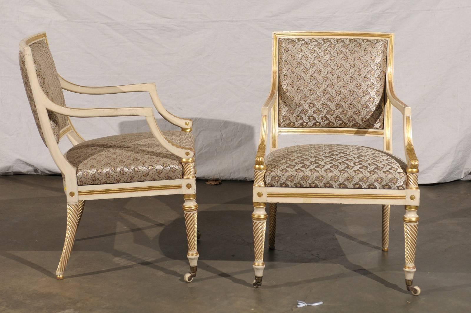 Wood Pair of 19th Century Regency Style Painted & Giltwood Arm Chairs