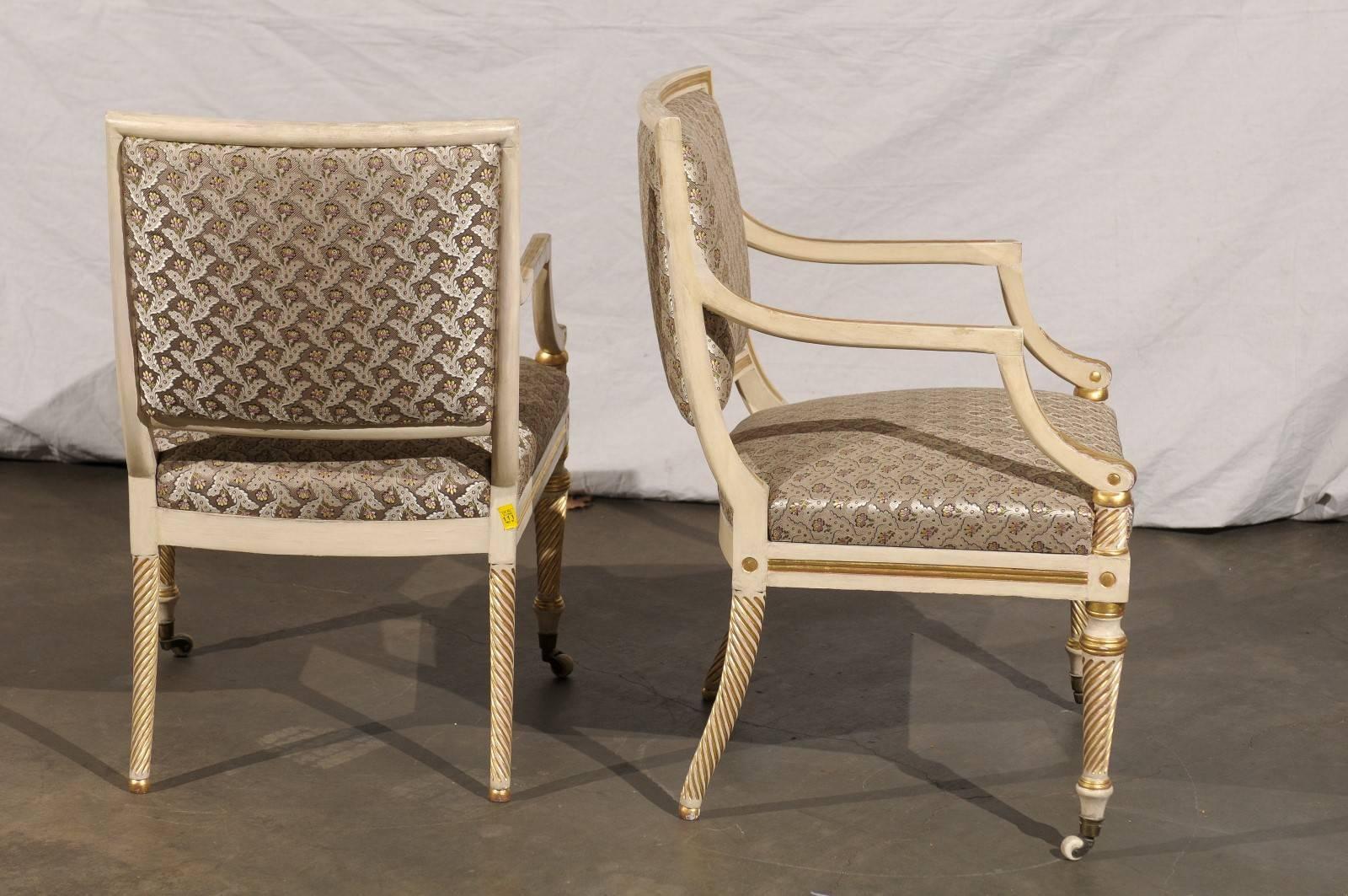 Pair of 19th Century Regency Style Painted & Giltwood Arm Chairs 3