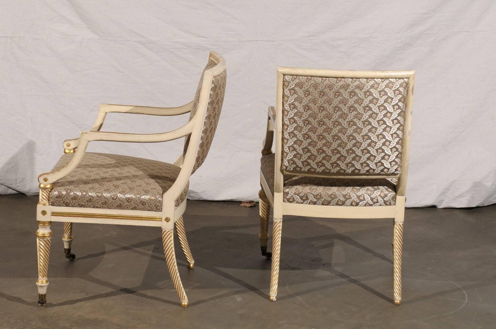 Pair of 19th Century Regency Style Painted & Giltwood Arm Chairs 4