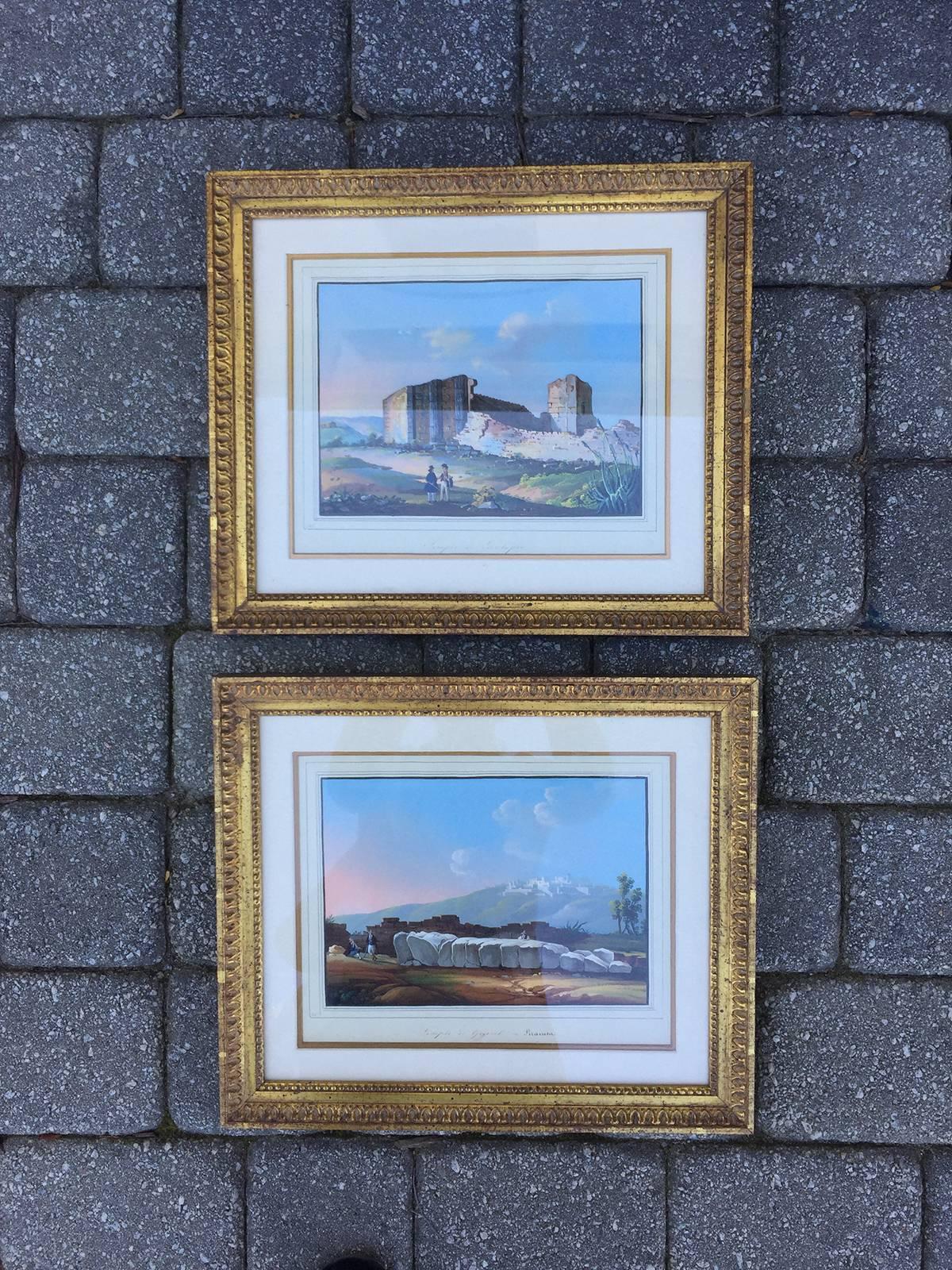 Pair of 19th Century circa 1820-1840s Italian Goache Paintings of Temples For Sale 3