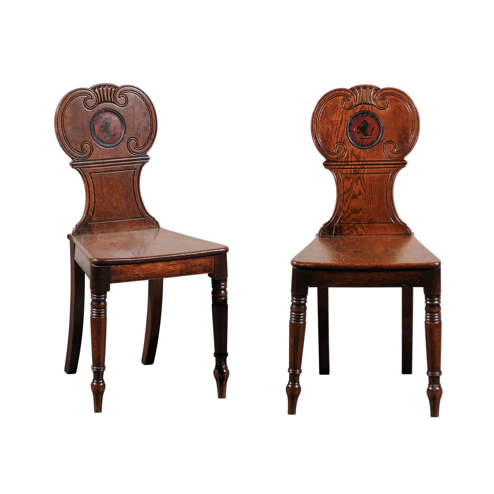 English Set of Four Hall Chairs, Oak with Crest, circa 1830 In Good Condition In Atlanta, GA