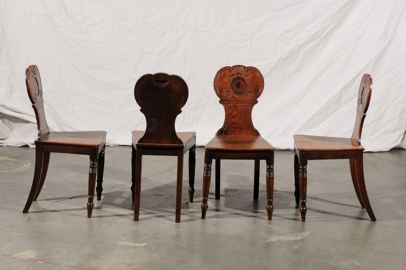 Mid-19th Century English Set of Four Hall Chairs, Oak with Crest, circa 1830