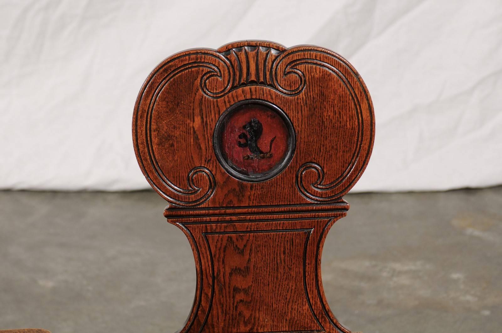 English Set of Four Hall Chairs, Oak with Crest, circa 1830 1