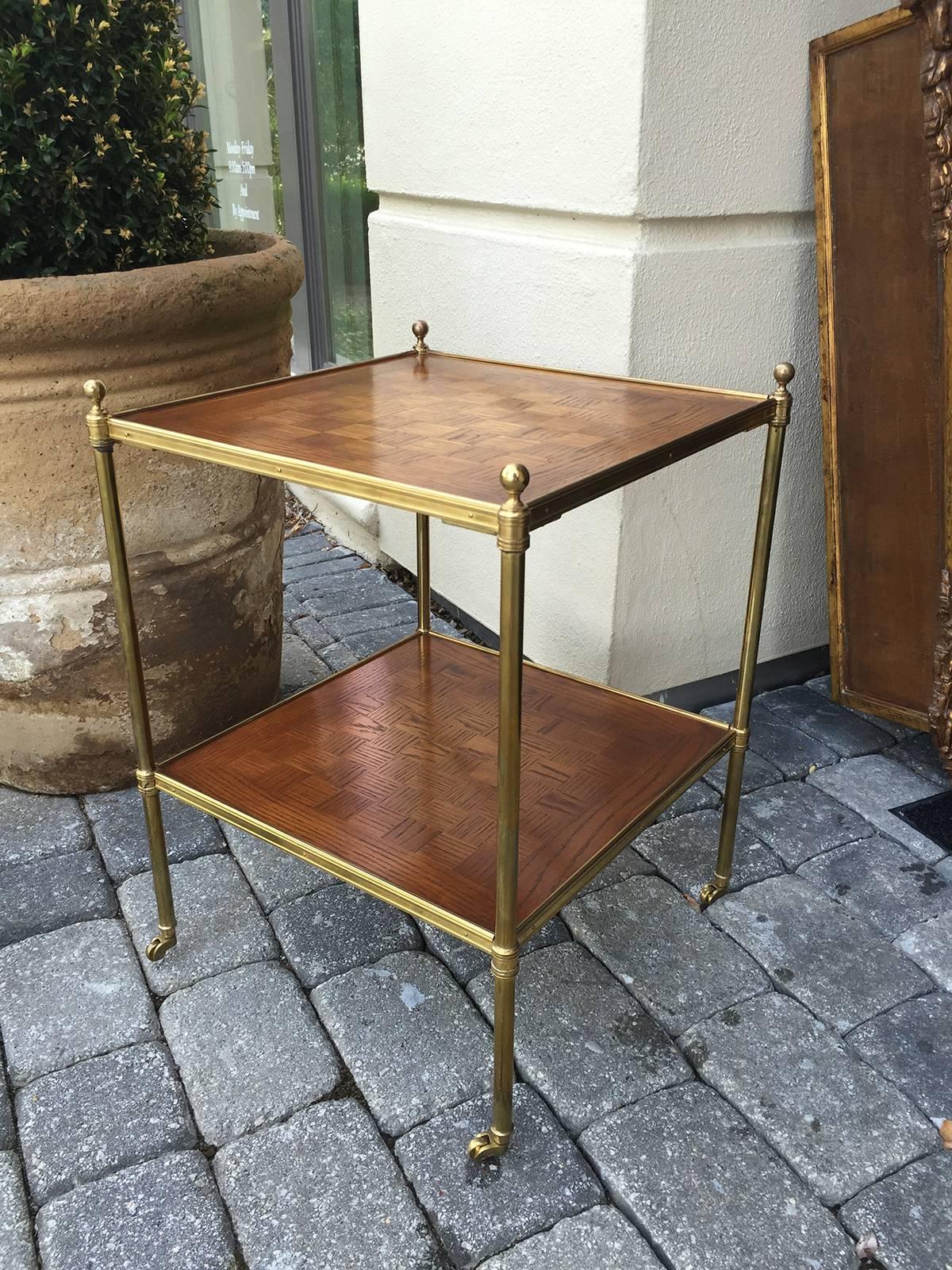 20th century parquetry and brass two-tier table.
