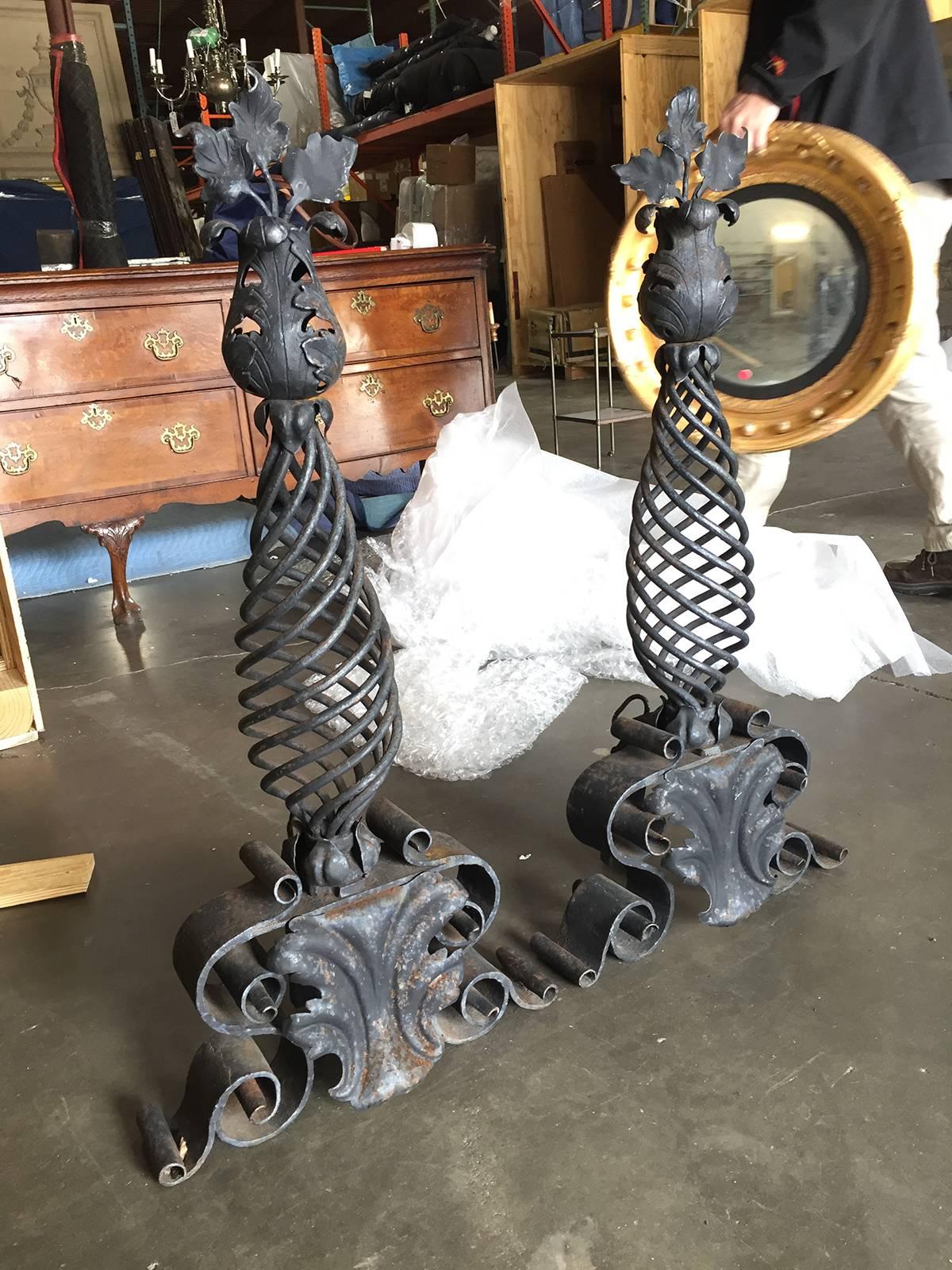 Late 19th century early to 20th century pair of iron andirons